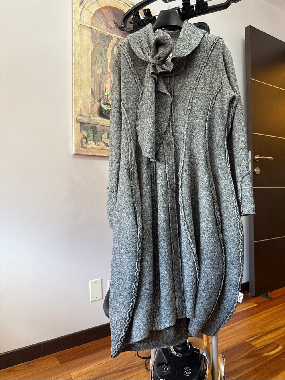 Gray Women's Long Knit Coat with Scarf Detail and pockets M/L
